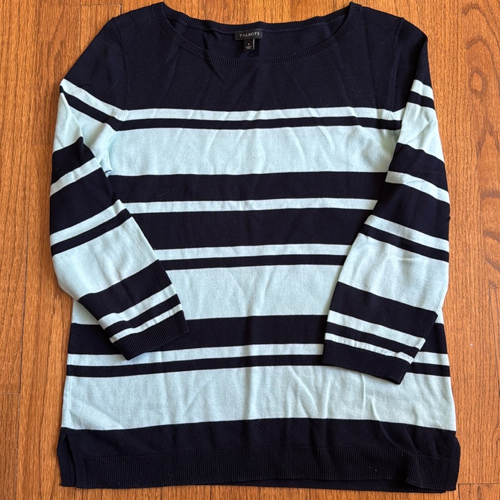 Talbots size small 3/4 length sleeve boat neck sweater, teal and navy.